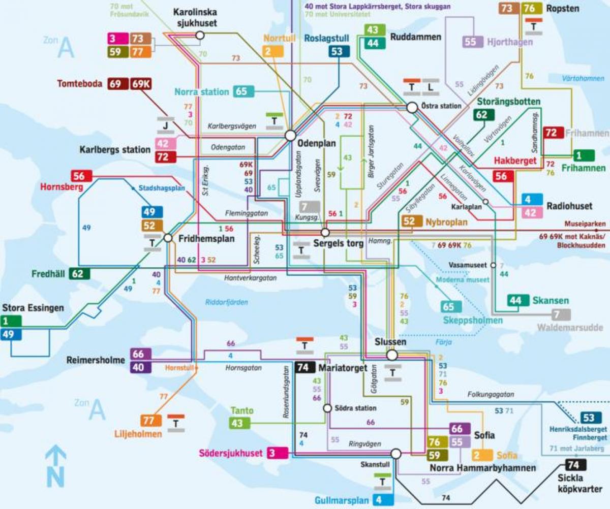 Stockholm autobusových linek mapě